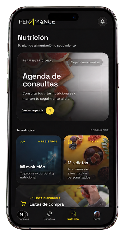 Área de nutrición de la aplicación Per4mance